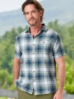 Men's Plaid Short-Sleeve Crosshatch Cotton Twill Shirt