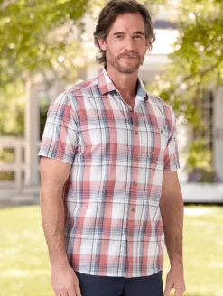 Men's Plaid Short-Sleeve Slub Cotton Poplin Shirt