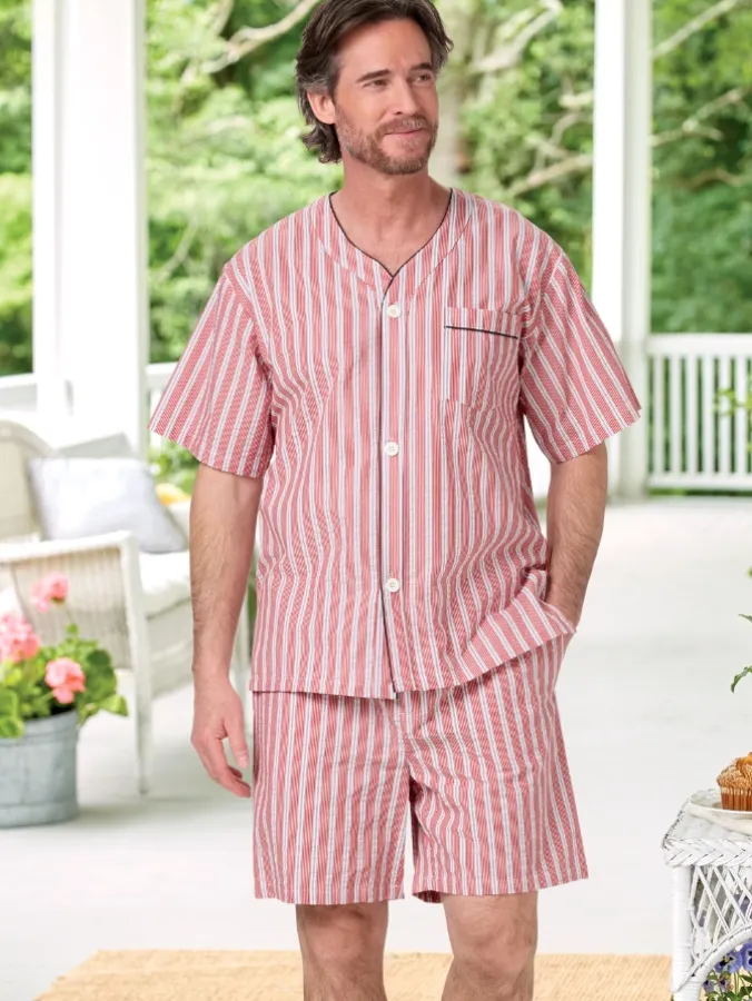 Men's Striped Cotton Seersucker Short Pajama Set