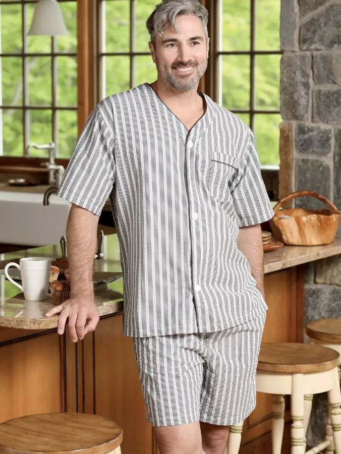 Men's Striped Cotton Seersucker Short Pajama Set