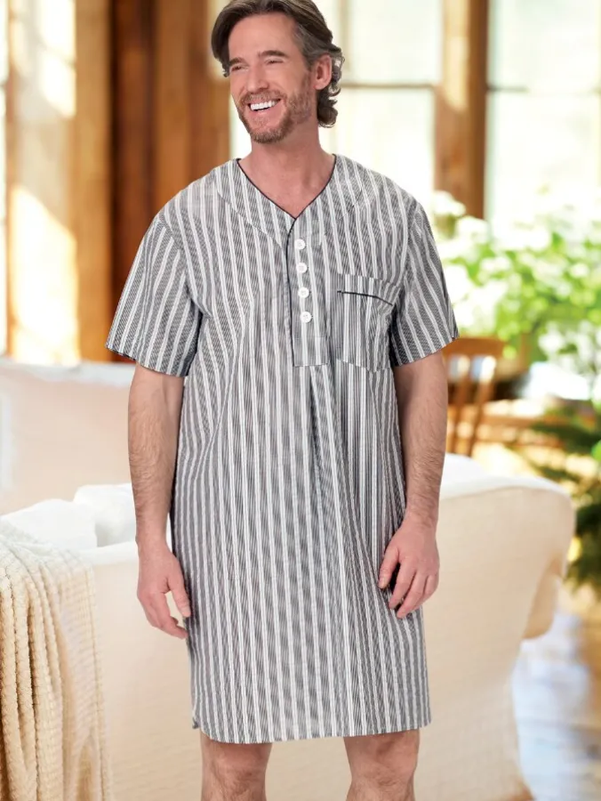 Men's Striped Cotton Seersucker Nightshirt