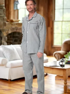 Men's Striped Cotton Seersucker Long Pajama Set