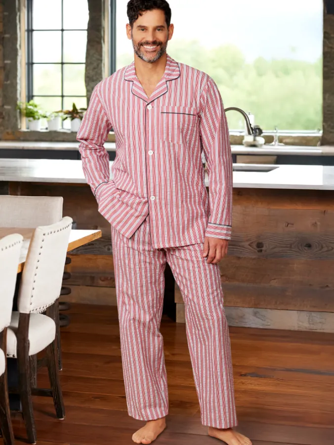Men's Striped Cotton Seersucker Long Pajama Set