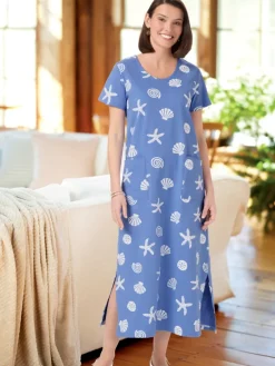 M.MAC® Pearly Seashells Cotton Knit Ankle-Length Dress With Pockets