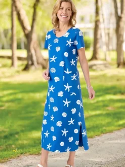 M.MAC® Pearly Seashells Cotton Knit Ankle-Length Dress With Pockets