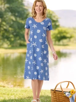 M.MAC® Pearly Seashells Mid-Length Cotton Knit Dress With Pockets