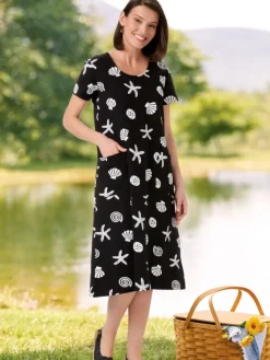 M.MAC® Pearly Seashells Mid-Length Cotton Knit Dress With Pockets