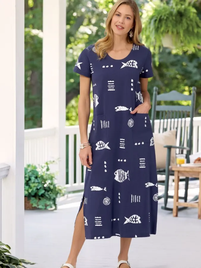 M.MAC® Rock Fish Ankle-Length Cotton Knit Dress With Pockets
