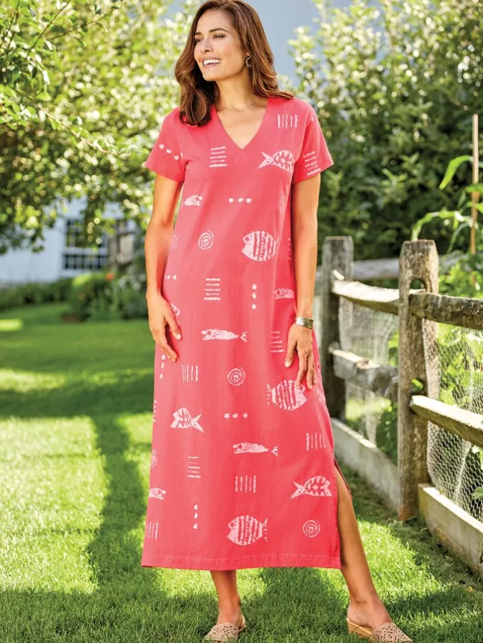M.MAC® Rock Fish Ankle-Length V-Neck Cotton Knit Dress
