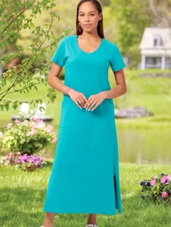 M.MAC® Solid Ankle-Length Cotton Knit Dress With Pockets