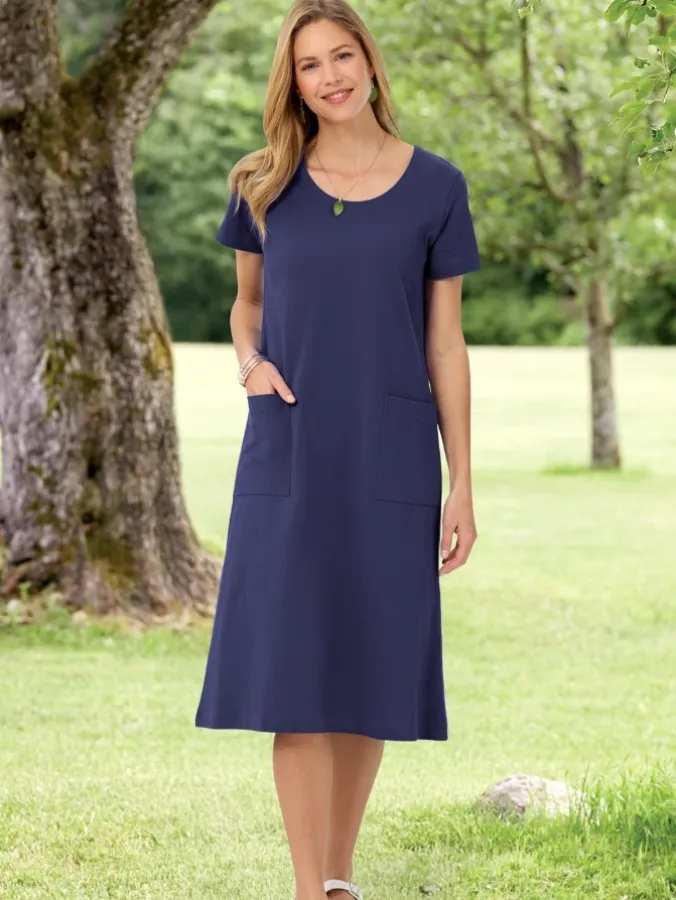 M.MAC® Solid Mid-Length Cotton Knit Dress With Pockets
