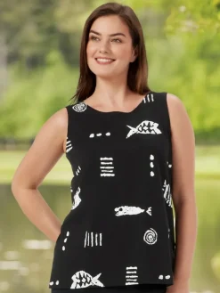 M.MAC® Women's Sleeveless Cotton Jersey Tunic Top, Rock Fish Print