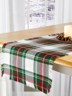 Mountain Weavers Hartland Christmas Plaid Weave Cotton Table Runner, 14 Inch Wide