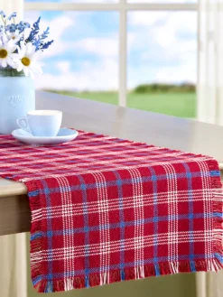 Mountain Weavers Hartland Patriotic Plaid Weave Cotton Table Runner, 14 Inch Wide