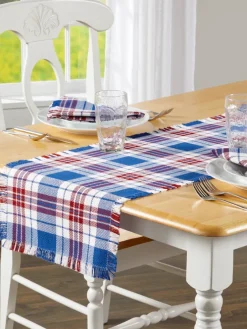 Mountain Weavers Hartland Plaid Weave Patriotic Cotton Table Runner, 14 Inch Wide