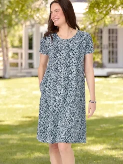 Navy Floral Cotton Knit A-Line Midi Dress