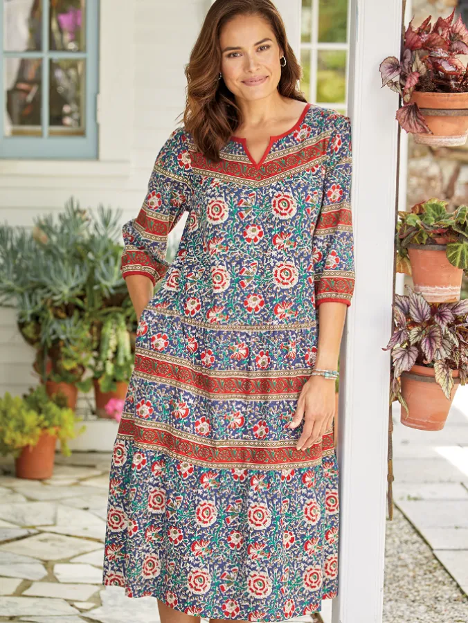 Notch Neckline Cotton Muumuu With 3/4 Sleeves