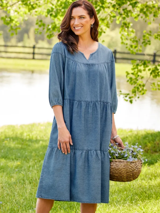 Notch-Neckline Denim Muumuu Dress