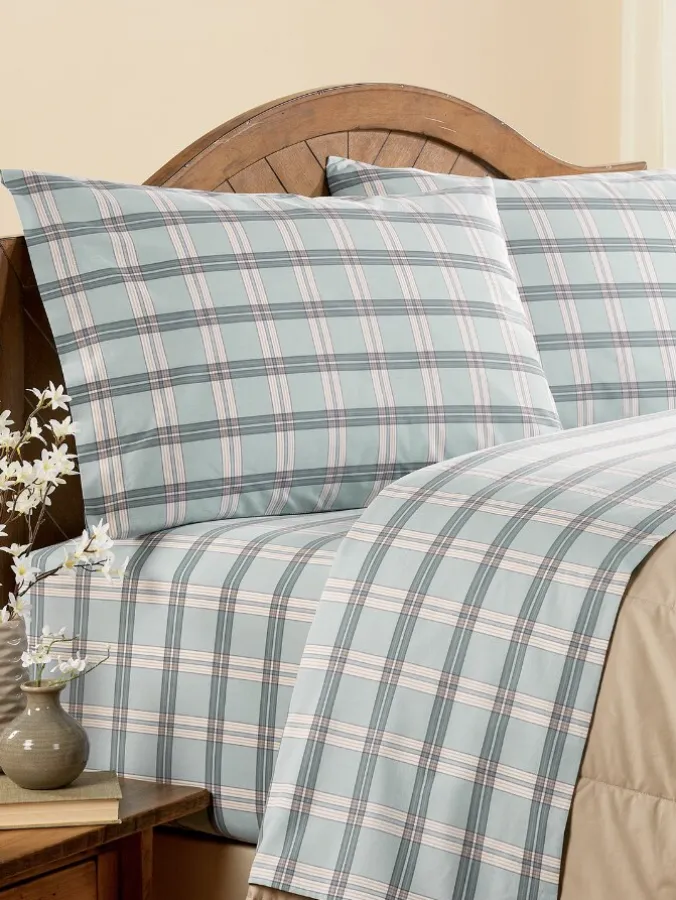 Open-Stock Plaid Portuguese Cotton Percale Sheets in Sky Blue Plaid