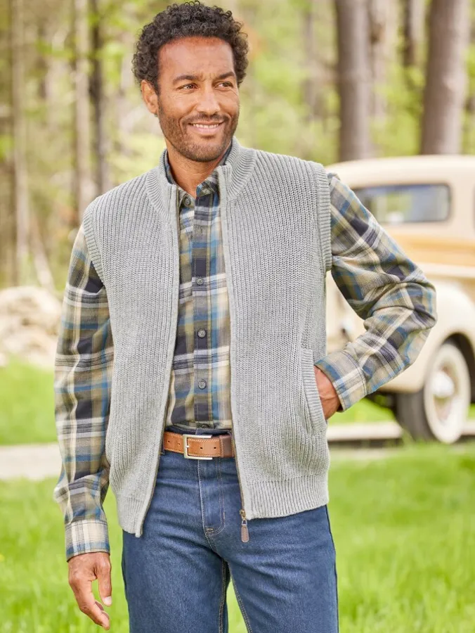 Orton Brothers Cotton Full-Zip Shaker Sweater Vest in Gray