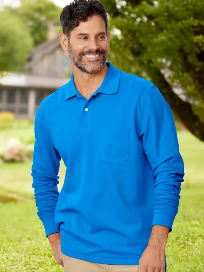 Orton Brothers Pique-Knit Long-Sleeve Polo Shirt in Coral or Royal