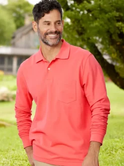 Orton Brothers Pique-Knit Long-Sleeve Polo Shirt in Coral or Royal