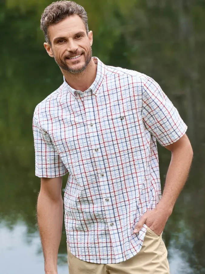 Orton Brothers Short-Sleeve Seersucker Plaid Shirt