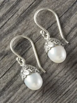 Pearl and Sterling Silver Floral Drop Earrings