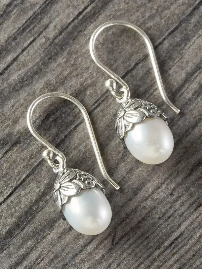 Pearl and Sterling Silver Floral Drop Earrings