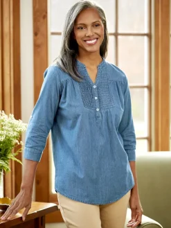 Perfect-Pintuck Chambray Tunic