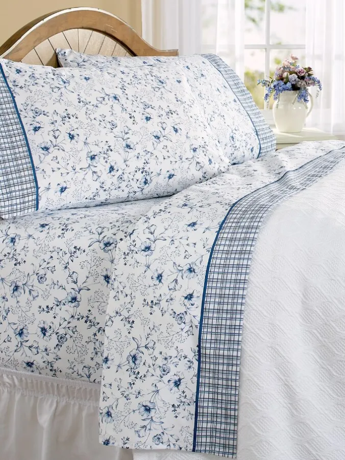 Petals and Plaid Portuguese Cotton Percale Sheet Set