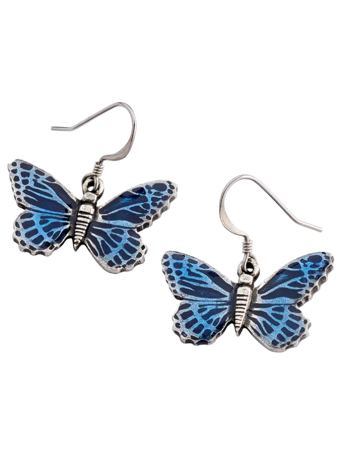 Pewter Blue Butterfly Drop Earrings