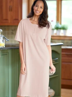 Pink Comfort Knit Solid Color Cotton Short-Sleeve Long Nightgown