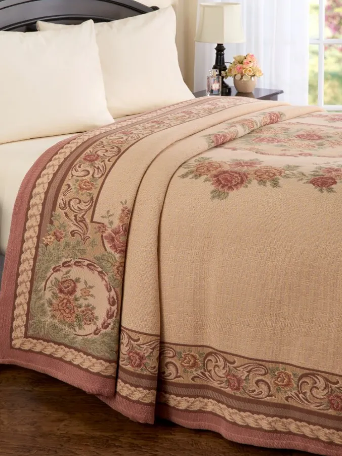 Pink Floral Old-World Tapestry Cotton Bedspread