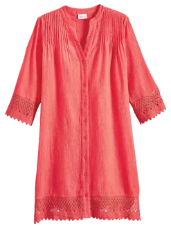 Pintuck and Lace Gauze Cover-Up Tunic