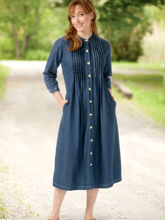 Pintuck Cotton Denim Dress