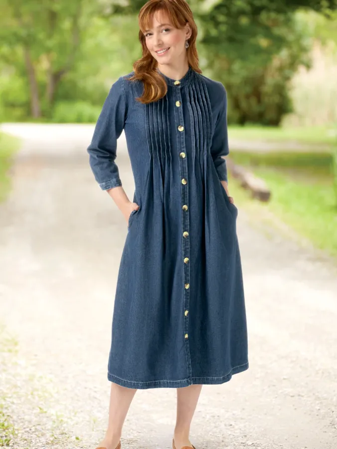 Pintuck Cotton Denim Dress