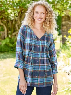 Pintuck Plaid Brushed-Cotton Tunic Top