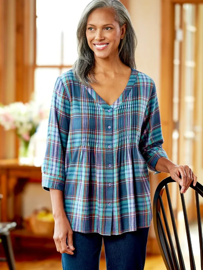 Pintuck Plaid Brushed-Cotton Tunic Top