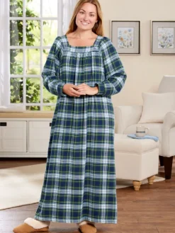 Plaid Cotton Flannel Square-Neck Nightgown