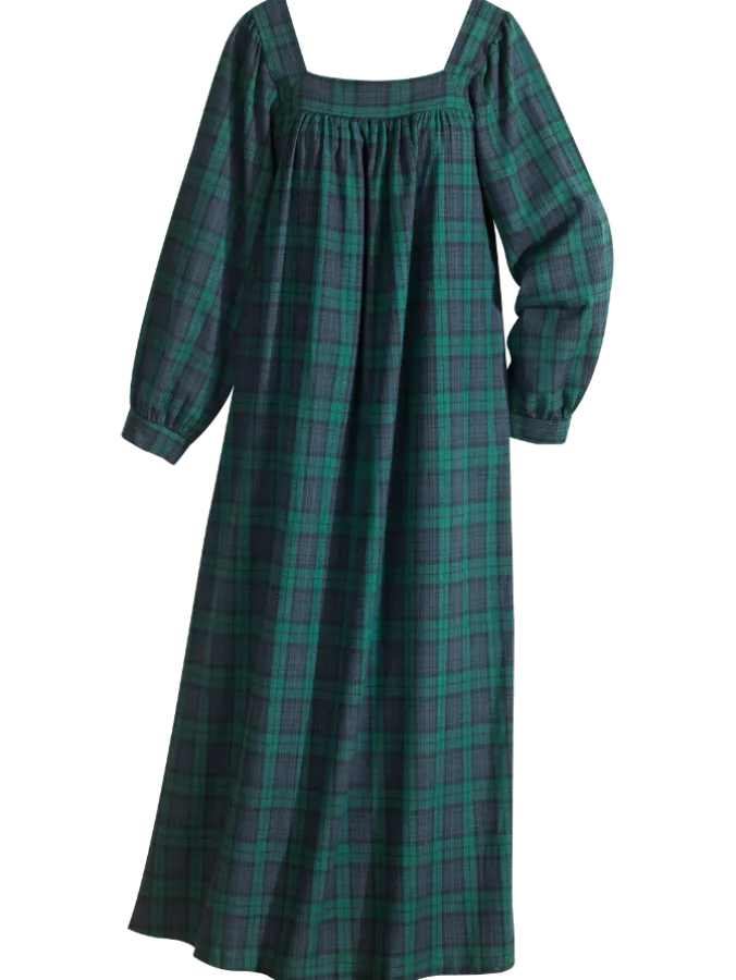 Plaid Cotton Flannel Square-Neck Nightgown