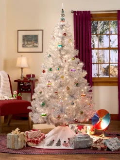 Pre-Lit Silver Tinsel Christmas Tree, In 3 Sizes