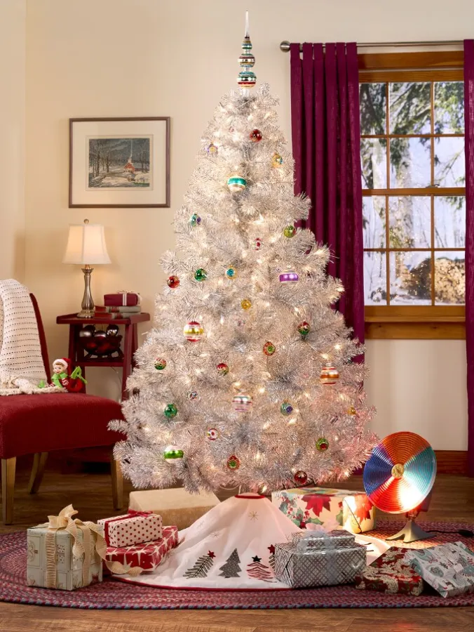 Pre-Lit Silver Tinsel Christmas Tree, In 3 Sizes