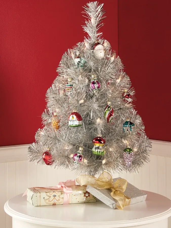 Pre-Lit Silver Tinsel Christmas Tree, 2 Feet