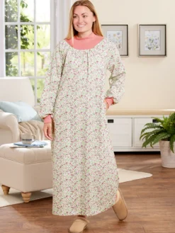 Printed Cotton Flannel Mock-Neck Nightgown