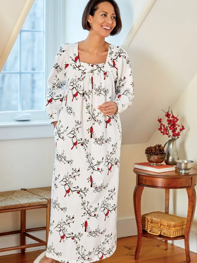 Printed Portuguese Cotton Flannel Square-Neck Nightgown