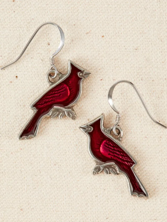 Red Cardinal Pewter Drop Earrings