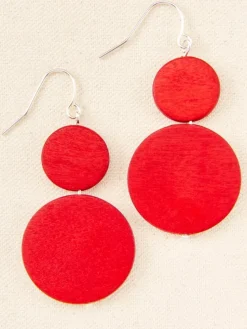 Red Double-Circle Wood Drop Earrings