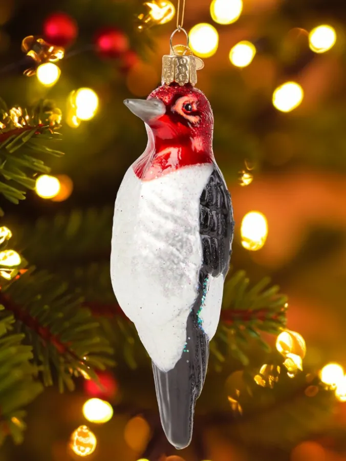 Red-Headed Woodpecker Blown-Glass Christmas Ornament
