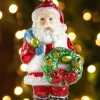 Santa and Wreath Blown-Glass Christmas Ornament